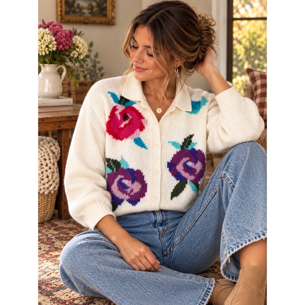 Vintage GINENNE Floral Rose Sweater Polo M Ivory Button Front Cottagecore 80s